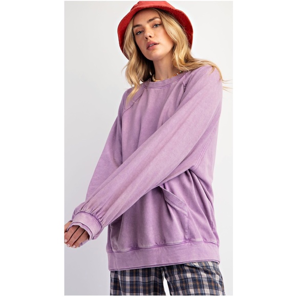 Easel Dusty Lavender Cotton Loose Fit Mineral Wash Pullover Sweater - Picture 2 of 5